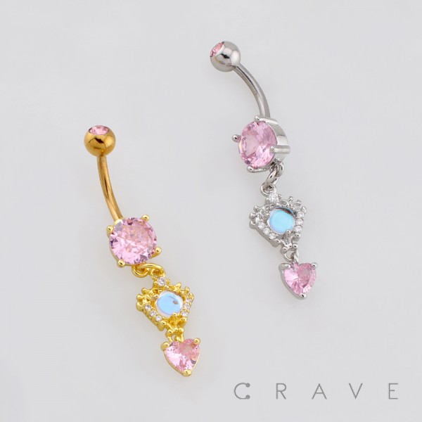 DANGLE CZ HEART PASTEL BLUE OPAL BELLY NAVEL RING 316L SURGICAL STEEL